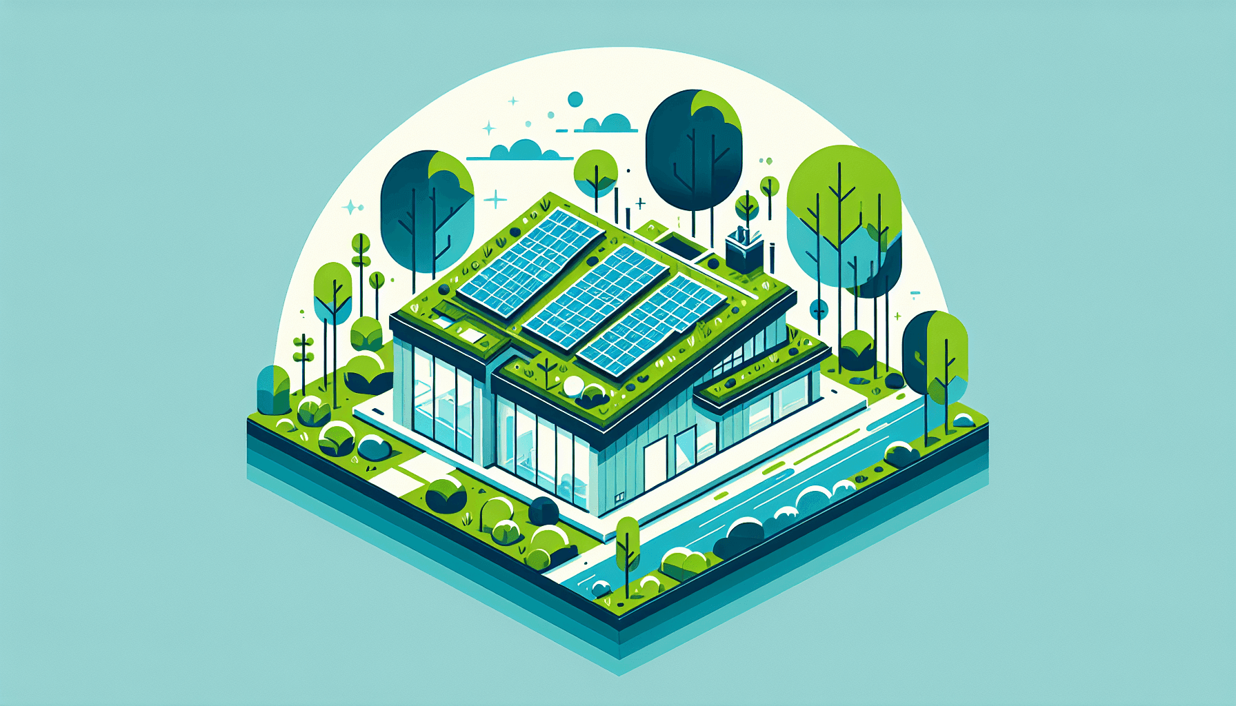 Green roof with plants and solar panels on modern home