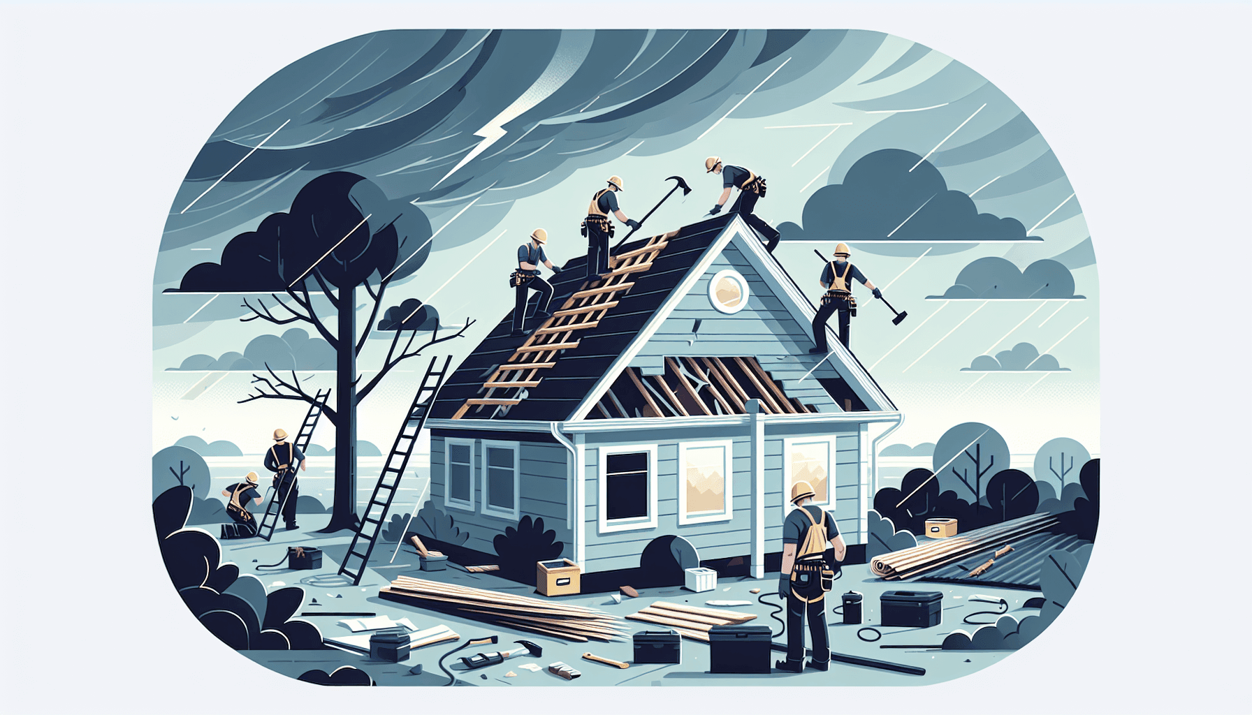 Roofers repairing storm-damaged roof